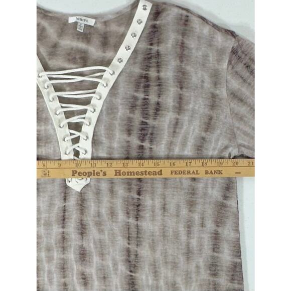 JodiFL Womens Shirt Blouse Sz Small Semi Sheer Brown Cream Tie Dye Lace Up Neck - Picture 7 of 10
